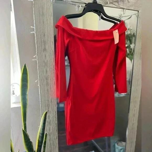 POPILUSH Shapewear Dress Off Shoulder Long Sleeve Midi - Holiday Red - Picture 6 of 9
